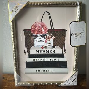 Luxury Designer Art Decor Fashion Book Stack, Flowers, Gold Studded Frame NWT